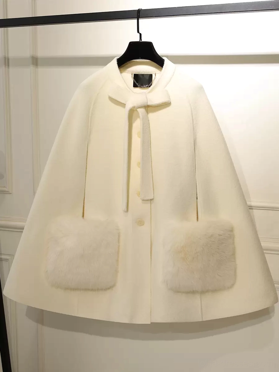 Cream white sweet lolita winter cape coat with light grey fuzzy pockets and bow collar front display view