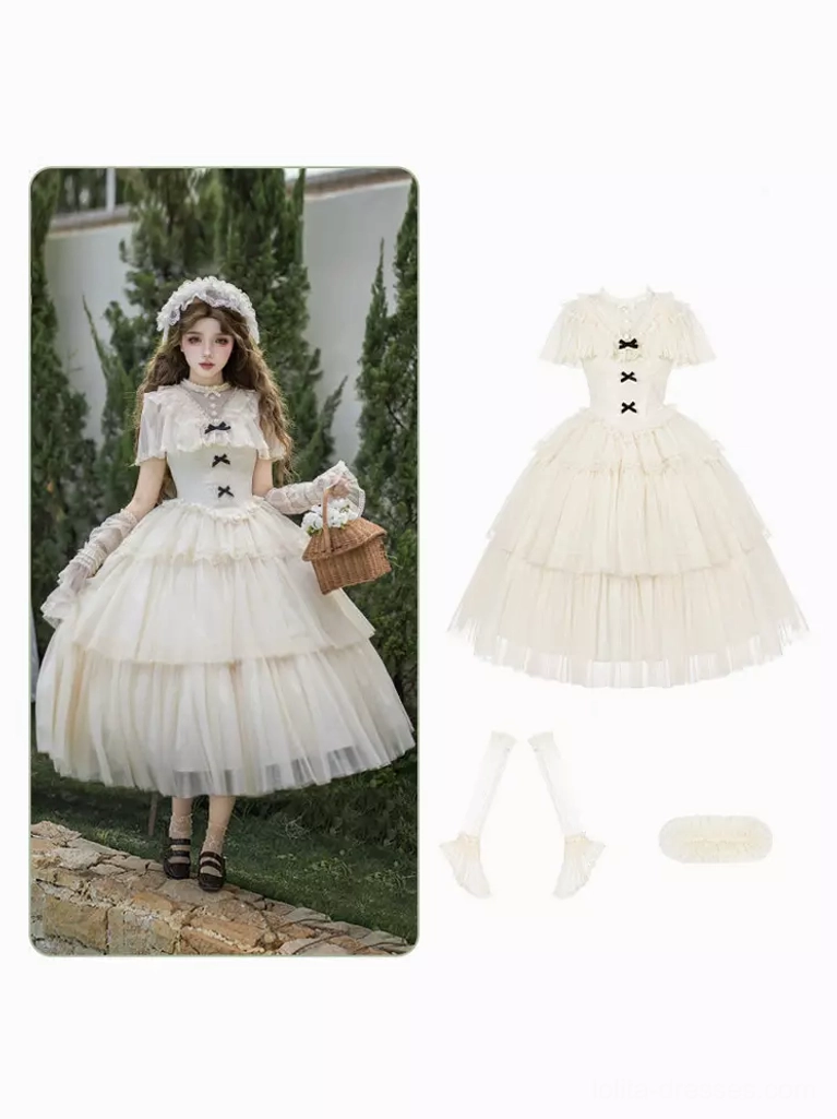 Complete Lolita dress accessory set collage showing cream white dress, delicate lace headband, and ruffled knee socks with matching color coordination