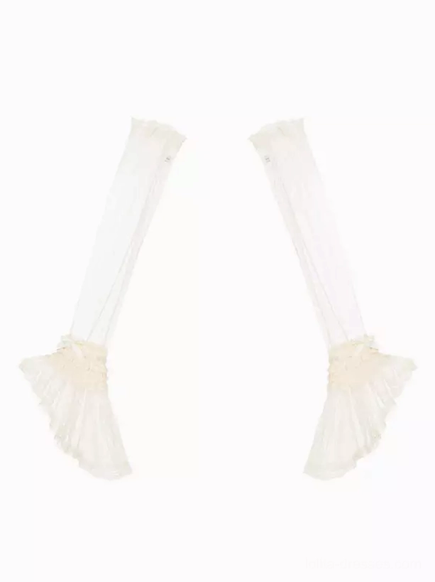Pair of cream white ruffled knee socks with sheer fabric and delicate lace-trimmed cuffs in flat lay front view