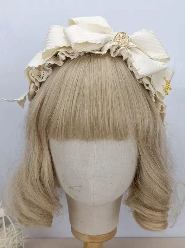 Cream white striped sweet lolita bow hairband with ruffled edge and gold brooch detail - rococo-inspired lolita headdress