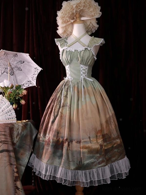 Cross-strap sleeveless lolita dress with landscape print and ruffled chiffon hem, mannequin display on studio backdrop, lace corset detail with lace parasol prop