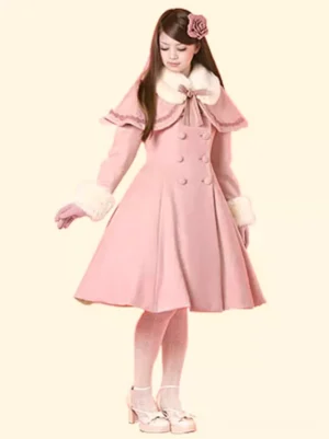 Tailor-made custom lolita wool overcoat with faux fur collar front view on model wearing flower hairpin