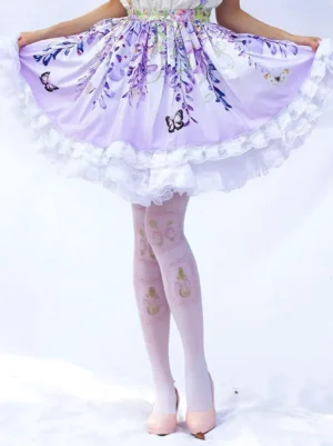 Lolita printed thigh-high socks worn on model's legs with purple frilly lolita skirt, light pink base color with tiny golden decorative prints, authentic sweet lolita coordinate styling