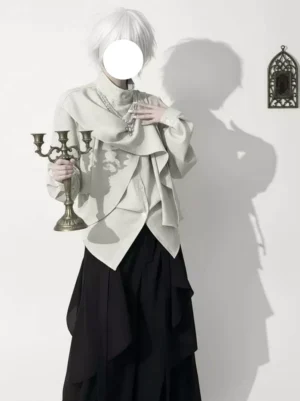 Ouji lolita dark academia priest ensemble torso close-up layered blouse construction with silver cross necklace ecclesiastical styling details