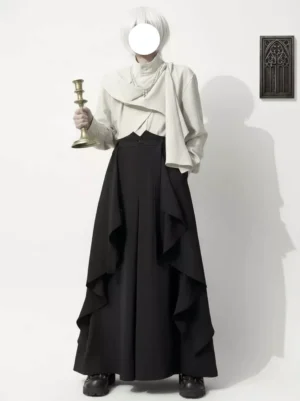Dark academia ouji lolita priest asymmetric wrap blouse off-white layered top with black ruffle maxi skirt full-body front view studio shot