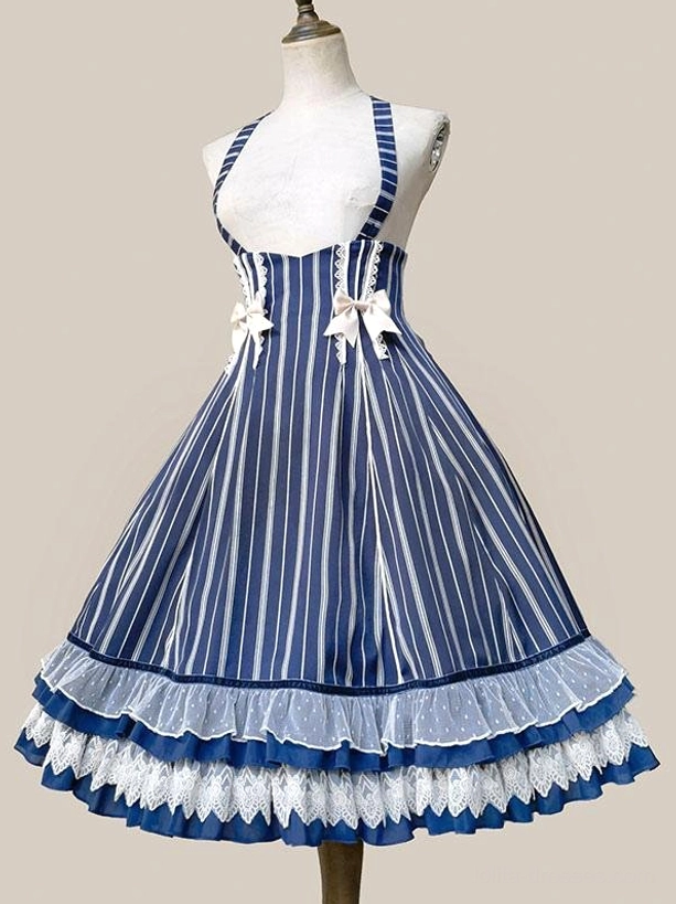 Dark blue striped lolita jumper dress on mannequin, front full display showing halter construction, lace trim with border, and front decorative bows