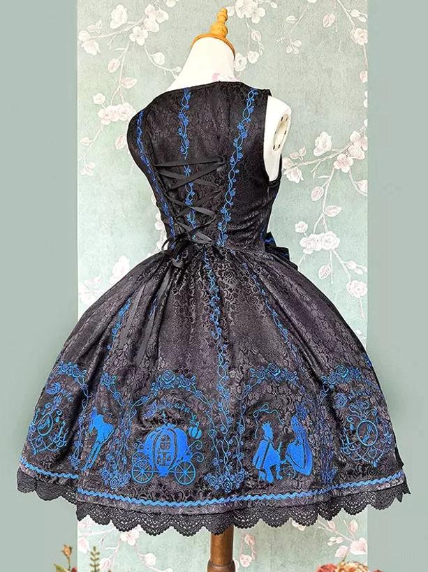Dark blue sweet lolita jumper dress back view showing lace-up back closure and blue embroidery lace hem