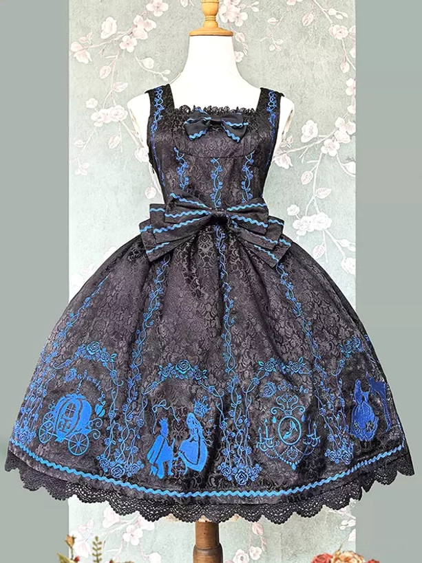 Dark blue sweet lolita jumper dress front view with lace hem blue embroidery double bow decoration on mannequin