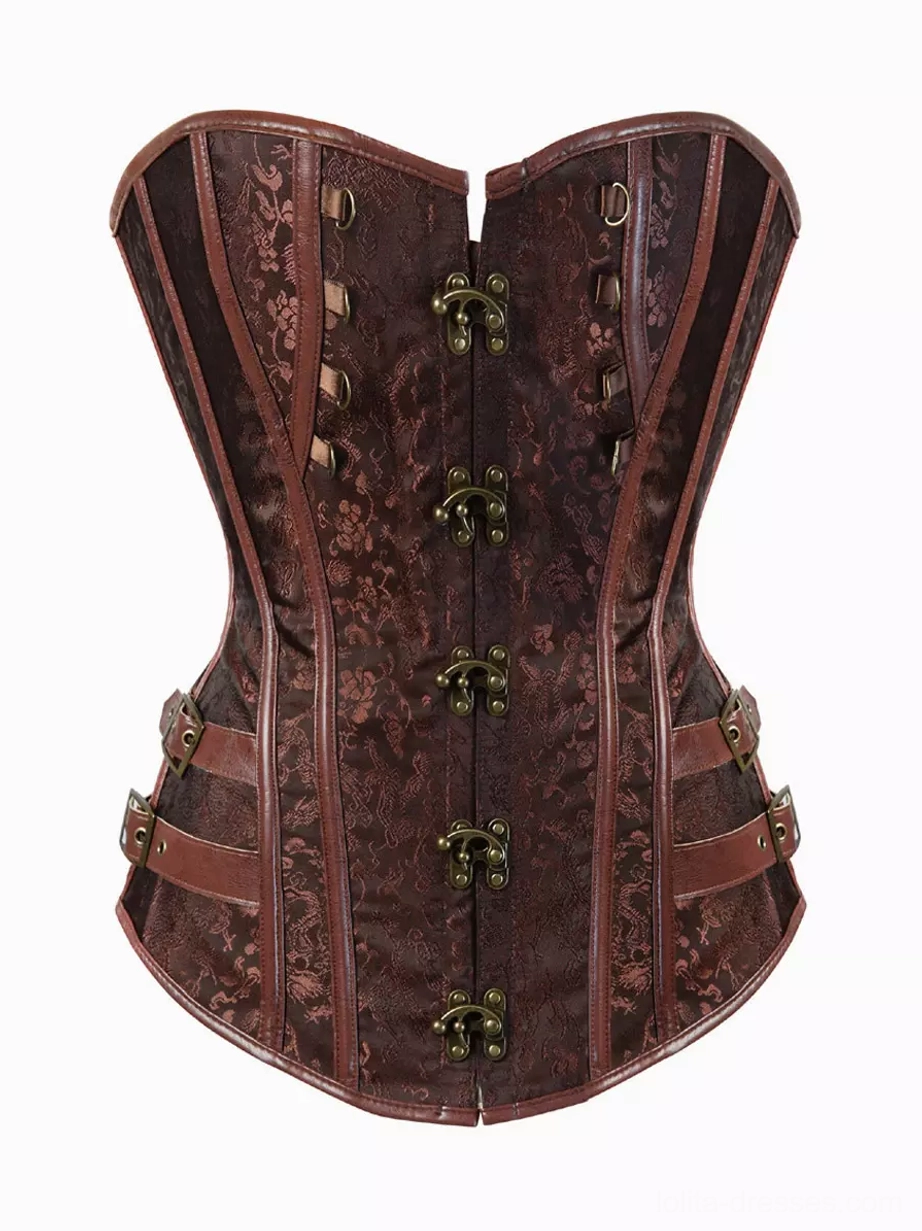Dark brown corset top with jacquard fabric pattern and brown leather bindings front view gothic lolita