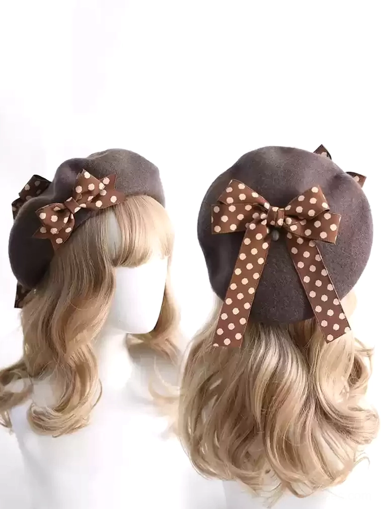 dark brown lolita beret with light brown polka dot ribbon bow accessory front back view