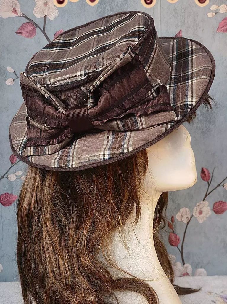 Dark brown plaid rococo lolita headdress with dark brown bow, structured flat-top silhouette gothic lolita hat without lace trim