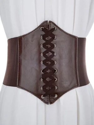 dark brown polyurethane lace-up waist corset with elastic side bands white pleated dress form display classic lolita waist corsage