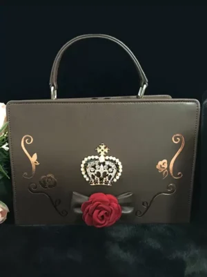 dark-brown-pu-lolita-handbag-crystal-crown-red-fabric-rose-bow-gold-floral-prints-front-view