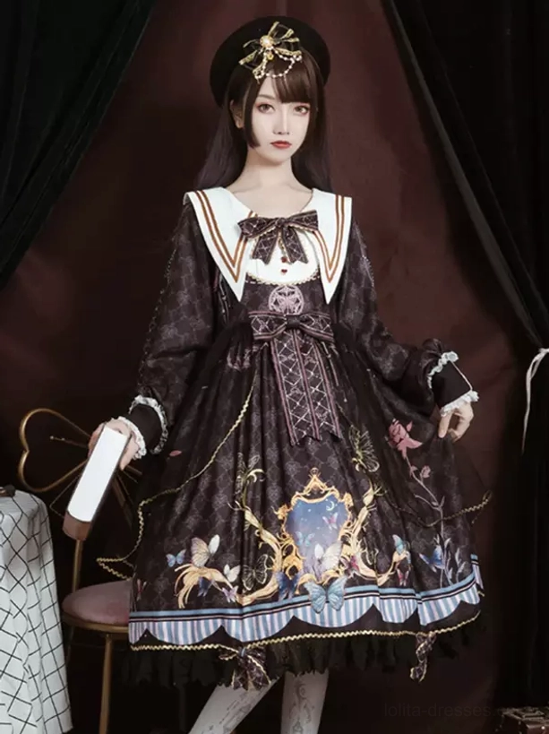 Dark brown sailor academic lolita one-piece dress front view with regal vintage print, sailor collar, front bowknot, and lace hem trim