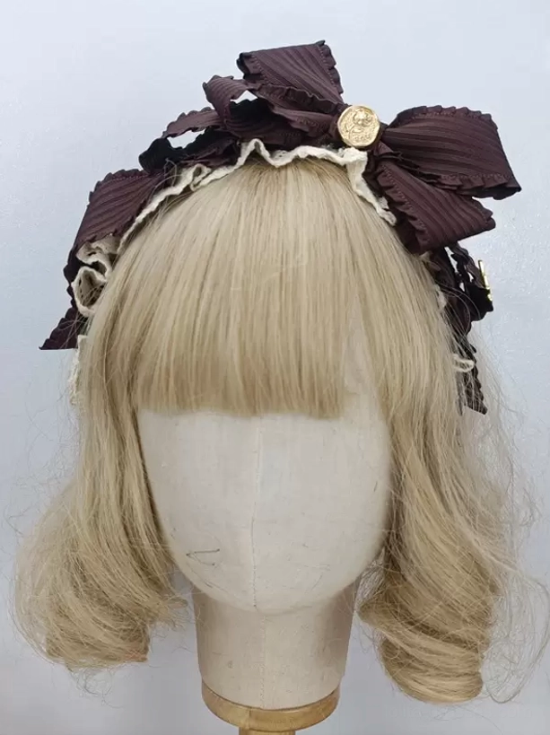 Dark brown striped sweet lolita bow hairband with beige ruffles and gold brooch - rococo-inspired lolita headdress accessory