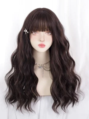 Dark brown long wavy Lolita wig with soft bangs, front view on mannequin half-body display, natural water wave curls texture, sweet Lolita style hair accessory