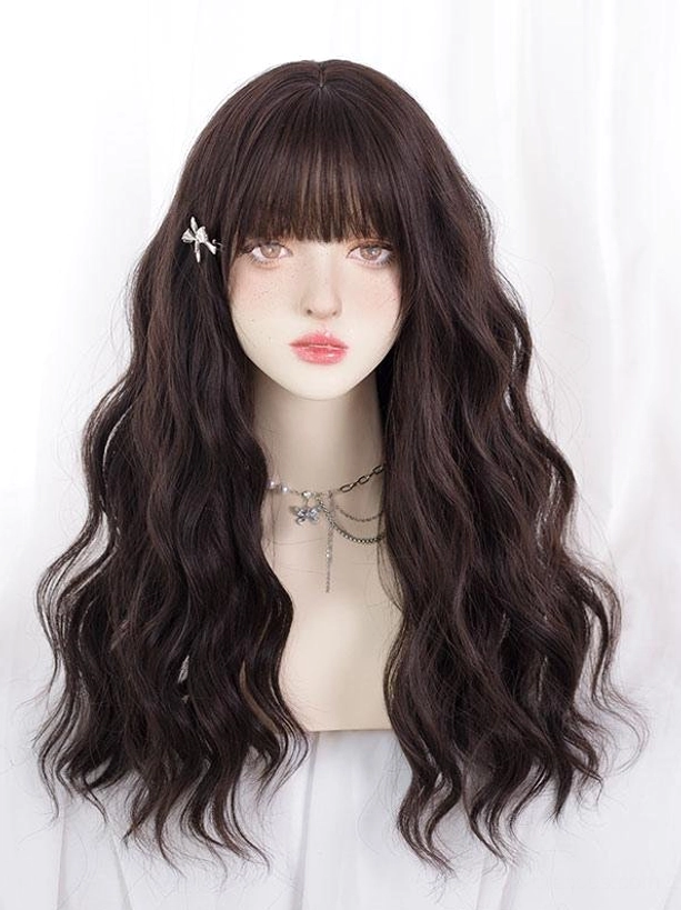 Dark brown long wavy Lolita wig with soft bangs, front view on mannequin half-body display, natural water wave curls texture, sweet Lolita style hair accessory