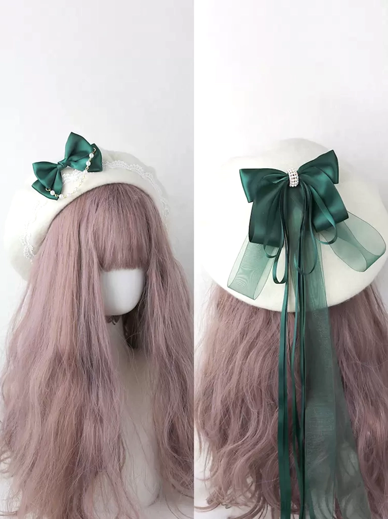 Dark green lolita beret with forest green satin bow long tassel rhinestone embellishments