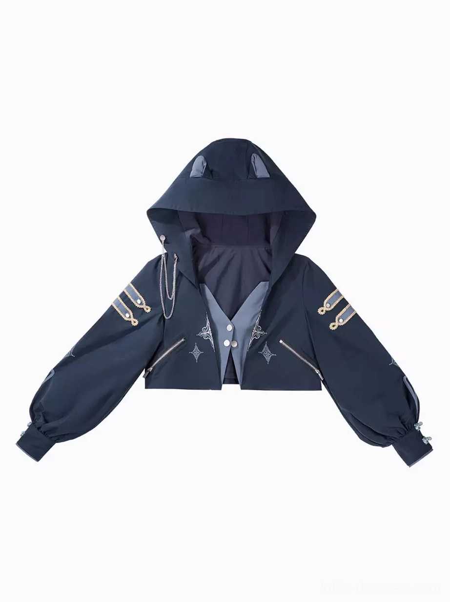 dark navy cat ear ouji lolita hooded jacket asymmetrical skirt set alternative fashion style Victorian gentleman aesthetic