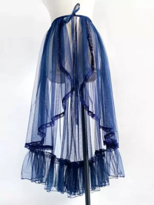 Dark navy blue detachable ruffled lace trim sweet lolita train accessory with sheer tulle fabric and bow waist closure close-up