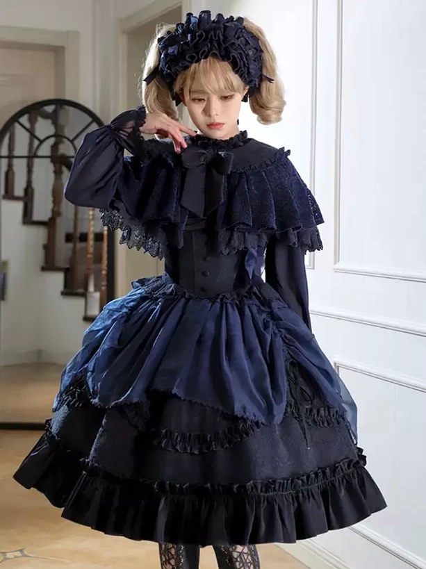 Dark Navy Gothic Lolita Skirt with Ruffled Capelet Layered Ruffles - Staircase Indoor Setting Hand Gesture