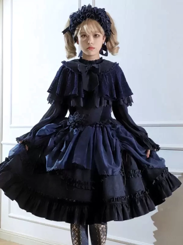 Dark Navy Blue Gothic Lolita Skirt with Ruffled Capelet and Layered Ruffles - Indoor Backdrop Front View