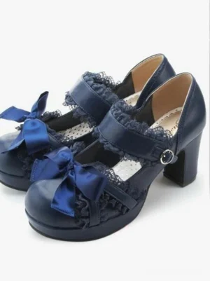 Dark navy lace lolita pump shoes with square toe chunky heel satin bows and buckle ankle strap front three-quarter view