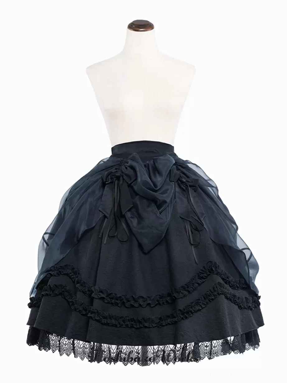 Dark Navy Blue Gothic Lolita Skirt with Large Front Bow and Lace Hem - Hanging Display Mannequin Detail