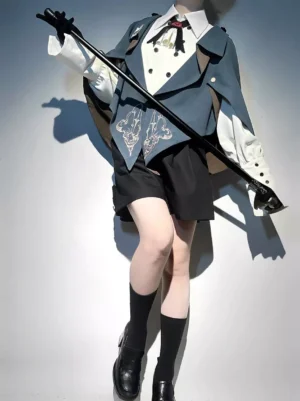Dark navy ouji lolita gentleman suit set with asymmetrical cape and embroidered coat - low angle side view showing complete formal ensemble