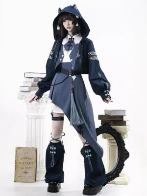 dark navy ouji lolita cat ear hooded jacket asymmetrical skirt complete three-piece set front full-body view with cat ears hood