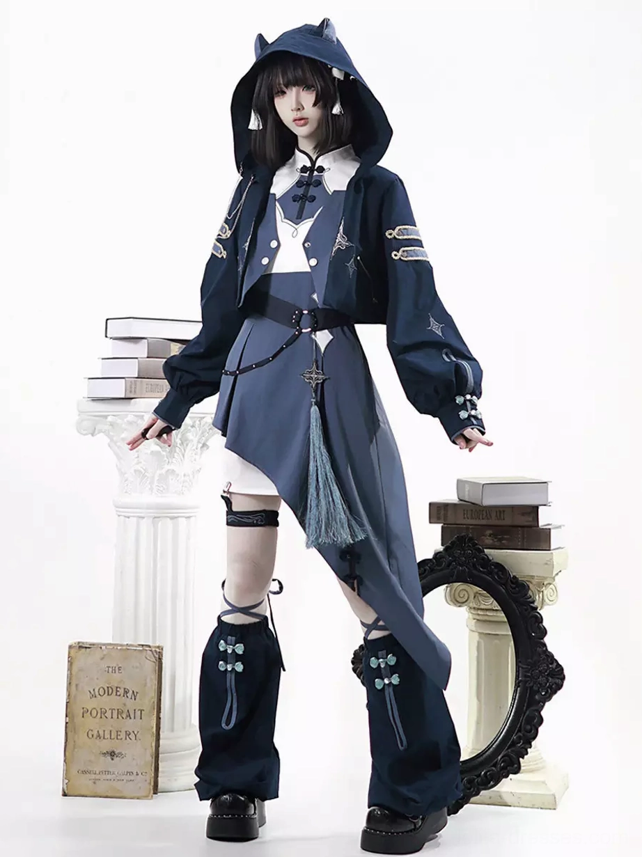 dark navy ouji lolita cat ear hooded jacket asymmetrical skirt complete three-piece set front full-body view with cat ears hood