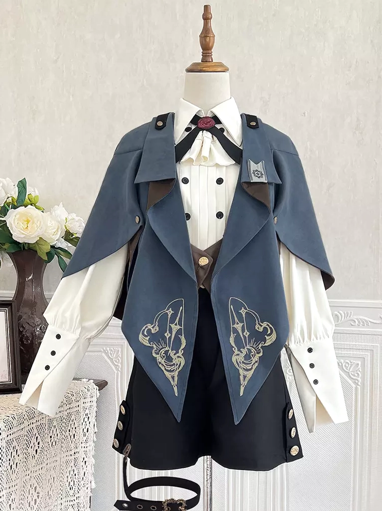 Complete dark navy ouji lolita five-piece set overview showing all components - cape, top, waistcoat, pants and cravat together