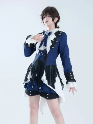 Dark navy Ouji Lolita formal suit set with long sleeves and bow tie front view - classic aristocratic gentleman prince fashion ensemble