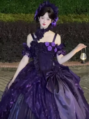 Dark purple gothic sweet lolita princess dress full body front view with off-shoulder ruffles, 3D rose appliques, large skirt bow, glitter tulle fabric, modeled outdoors in night garden setting
