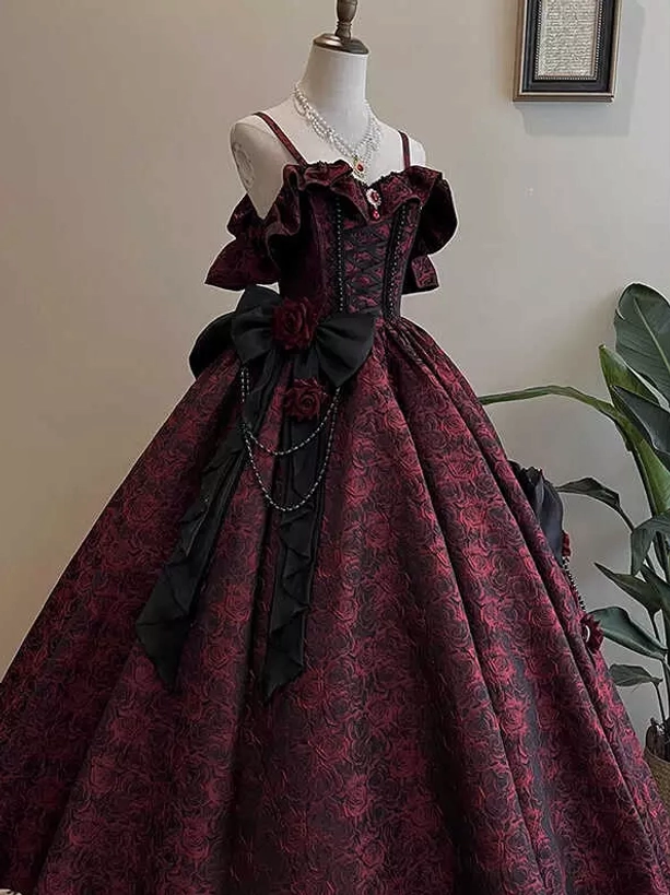 Dark red burgundy off-shoulder Classic Lolita gown back full view with black ornate bow chain trim accents and voluminous ball gown skirt