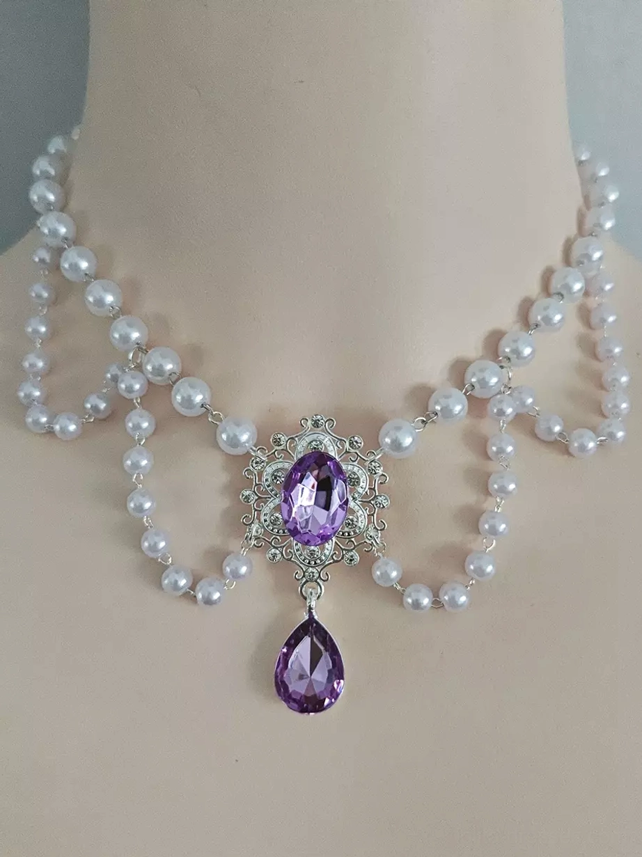 Deep amethyst purple pearl choker with silver filigree frame, double-layer white pearls, and teardrop gemstone pendant for Rococo Lolita fashion