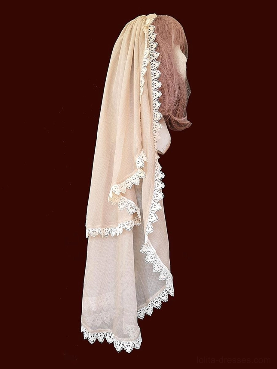 Deep apricot lolita head veil with scalloped lace trims two-layer tulle design classic lolita accessory side view