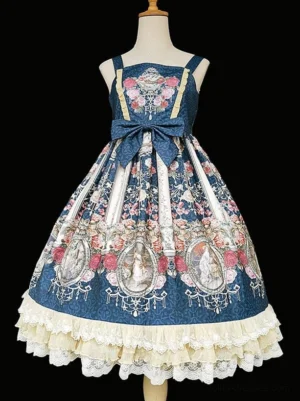 Deep blue classical lolita sleeveless JSK dress front flat view featuring vintage court floral print and structured waist bow with tiered lace hem