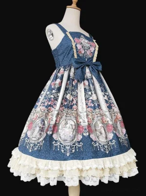 Classical lolita deep blue JSK left side view showing ruffled lace hem, retro cameo print details, and elegant bow accent