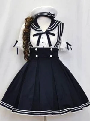 Deep blue sailor lolita two-piece outfit on mannequin front view featuring white sailor collar blouse with ruffled short sleeves and navy pleated jumper skirt with suspenders