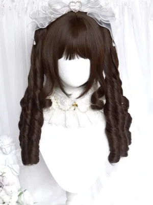 Elegant lolita twin tail wig in deep brown with silver sheer bow featuring heart ornament, front view on lace collar mannequin highlighting romantic sweet lolita styling and curled pigtails