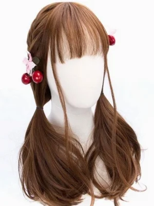 Deep brown Lolita synthetic wig with blunt bangs and wavy ends displayed on mannequin head with cherry bow clips, left three-quarter view showing twin tails and side braid styling