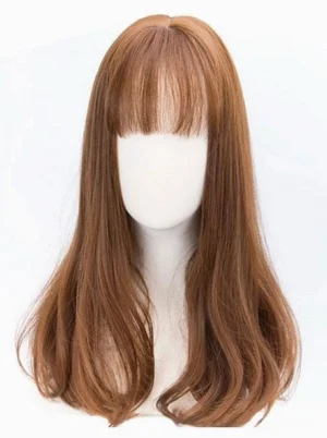 Deep brown Lolita wig front view showing precise blunt bangs and medium-length wavy ends on white mannequin head, clean and minimalist presentation