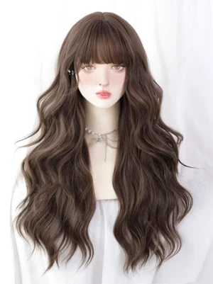 Deep brown long wavy sweet lolita wig with air bangs front view on mannequin with silver accessories on white background