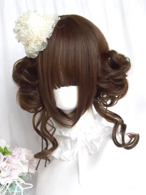 Deep brown twin-bun Lolita wig front view on mannequin with ruffled collar and curly side locks complemented by cream floral hair accessory