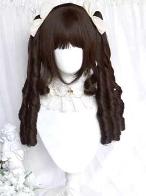 Deep brown twin tail lolita wig with straight bangs and ivory fabric bows, displayed on white mannequin with lace collar, front flat view showing full spiral curls and sweet lolita aesthetic
