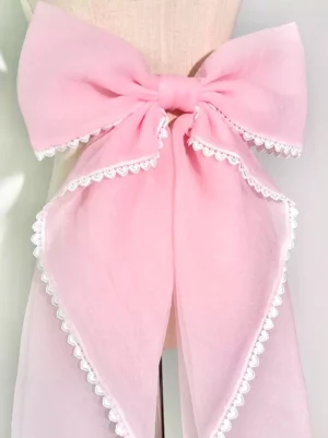 Deep pastel pink layered chiffon detachable bow train accessory with white scalloped lace edges sweet lolita style front display