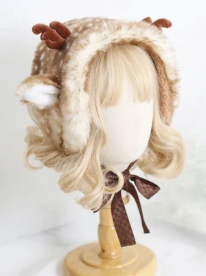 deer ears lolita headdress side rear view showing checkered brown neck ribbon and fluffy fuzzy ears sweet lolita accessory