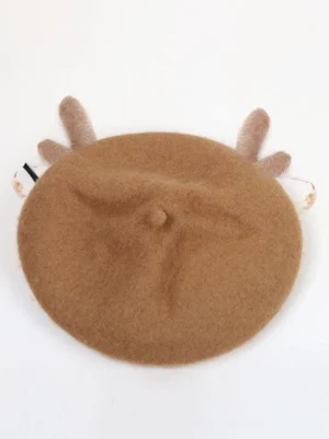Rear top-down view of coffee brown deer horn beret showing solid fuzzy surface and central top protrusion of lolita headdress