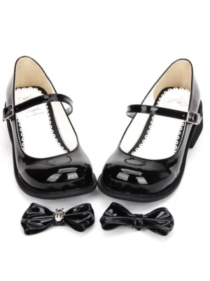 sweet lolita mary jane shoes with detachable bows black patent leather alternate bow options flat lay view merchandise photography